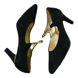 Wild Pair Black Suede Pointy Toe Pump Heels Gold Beaded‎ Strap Size 10